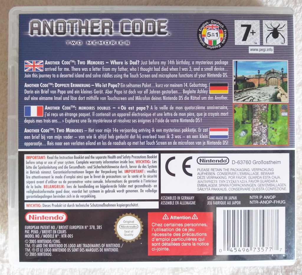 Back of the box of Another Code: Two Memories for DS