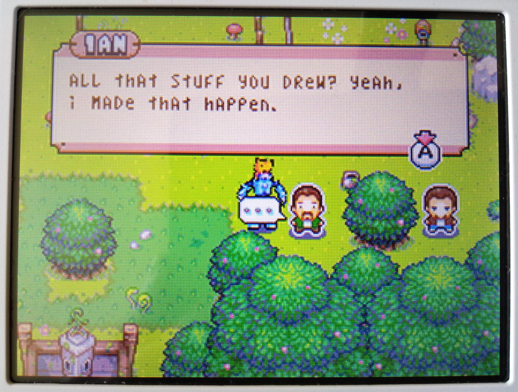 Drawn to Life screenshot of Ian in Developers Grove, Village Mode (bottom 3DS screen).