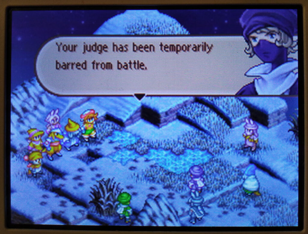 Screenshot of Ewen barring the Judge (bottom DS screen)