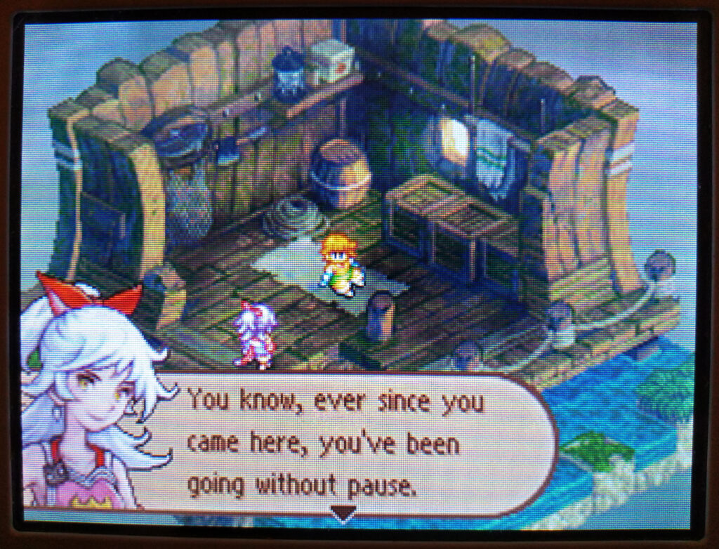 Screenshot of Adelle consoling Luso (bottom DS screen)