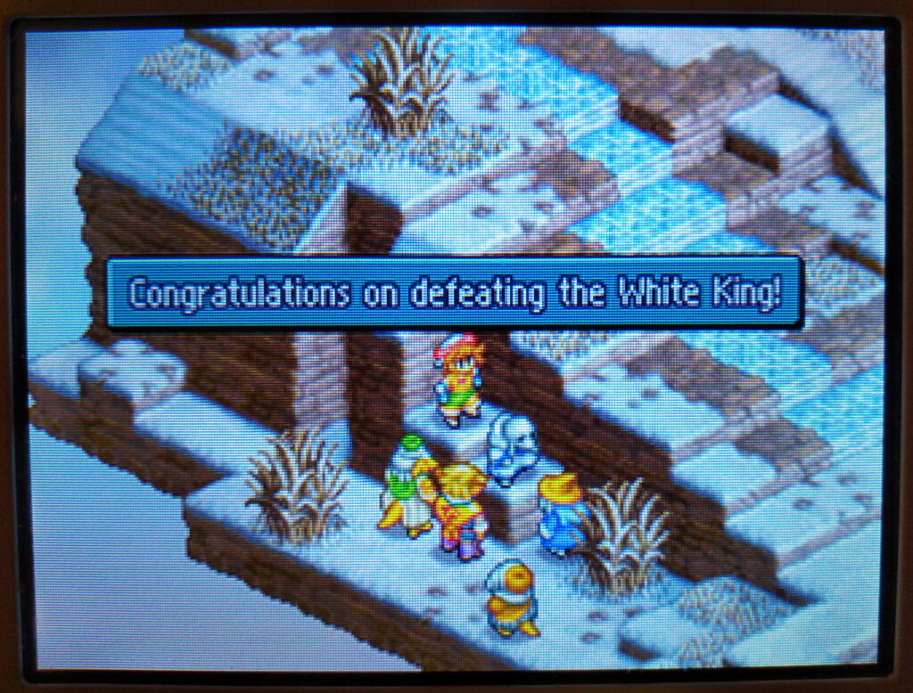 Screenshot of the defeated White King of the Cinquleur Clan (bottom DS screen)